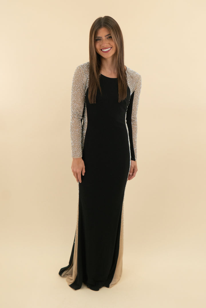 xscape black beaded long sleeve maxi dress (4; retail $298)