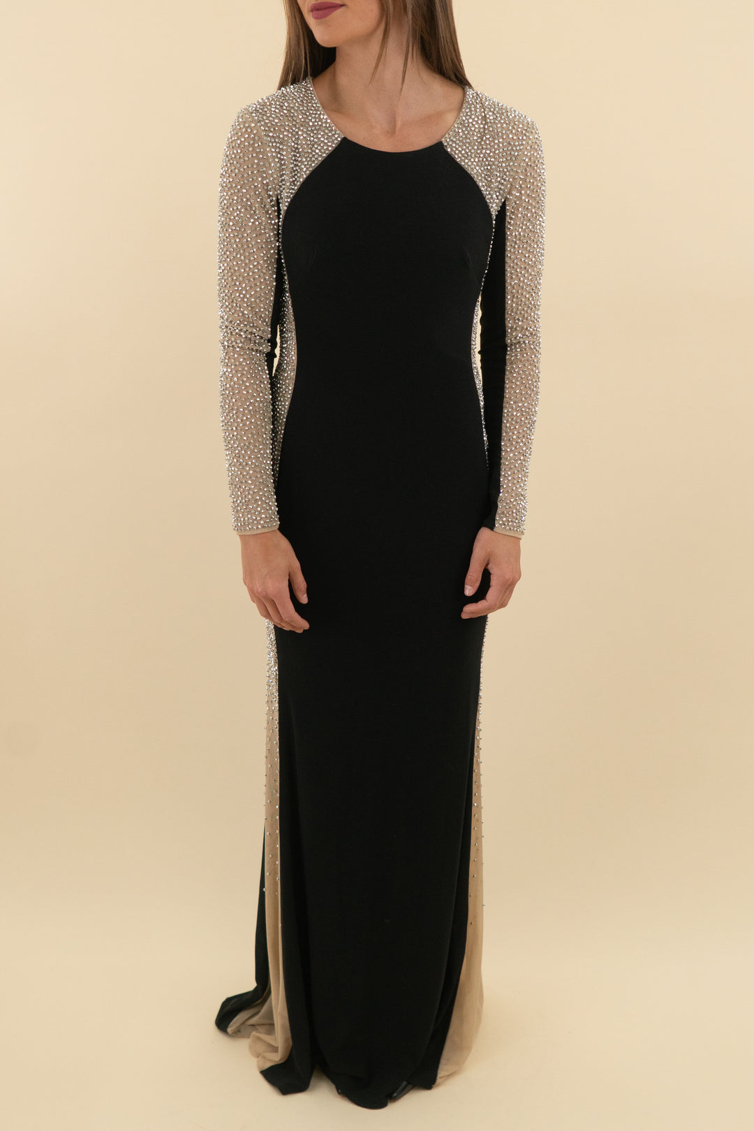 xscape black beaded long sleeve maxi dress (4; retail $298)