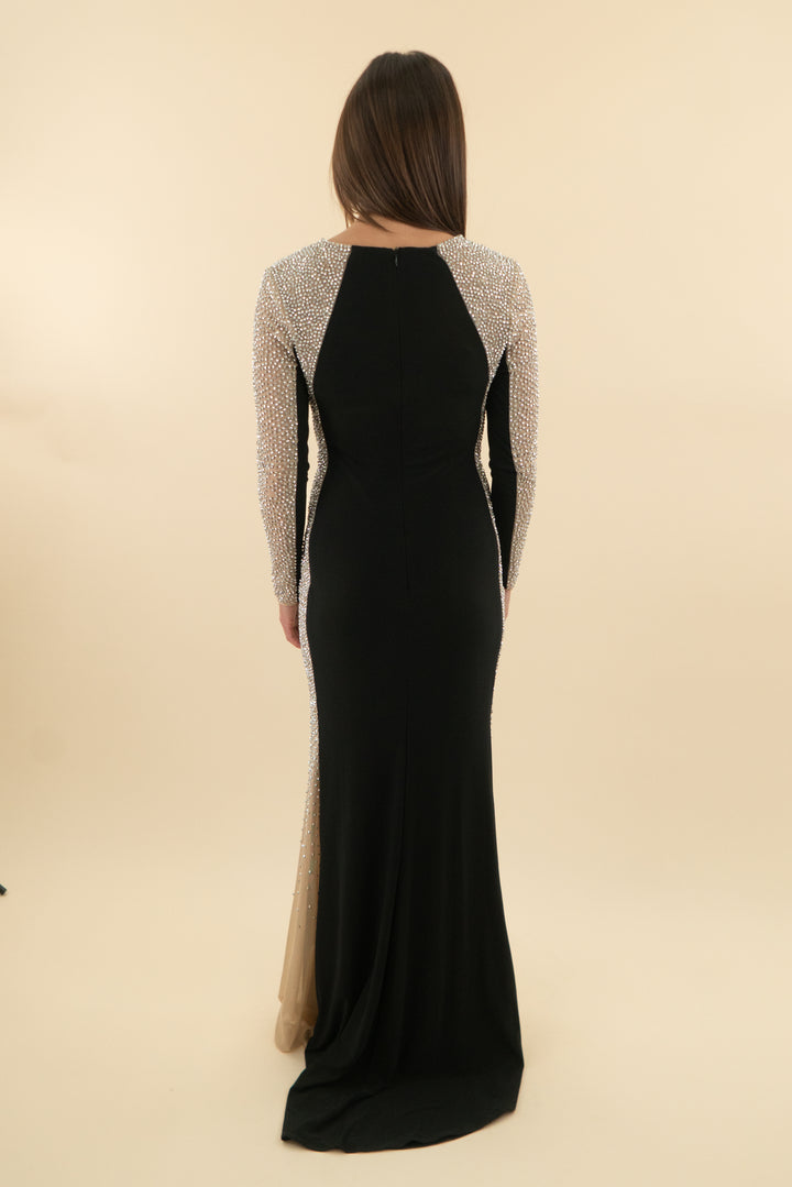 xscape black beaded long sleeve maxi dress (4; retail $298)