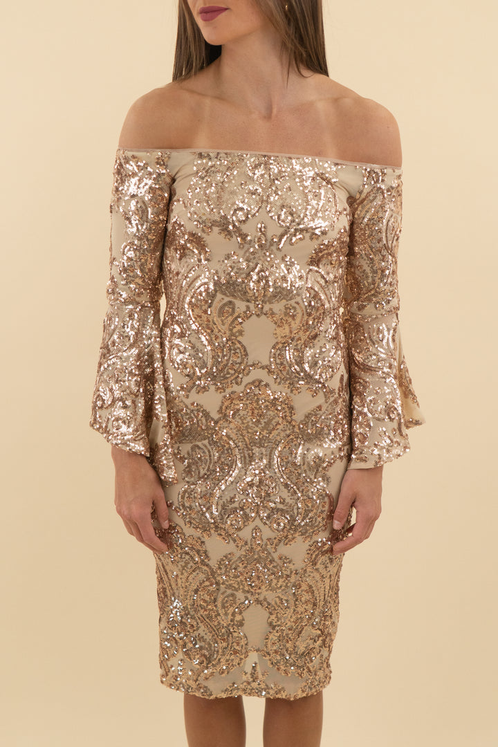 betsy & adam champagne off shoulder long sleeve sequin dress (2; retail $220)