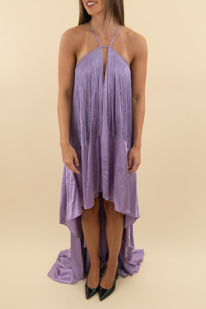 michael costello x revolve light purple fringe maxi dress (s; retail $288)