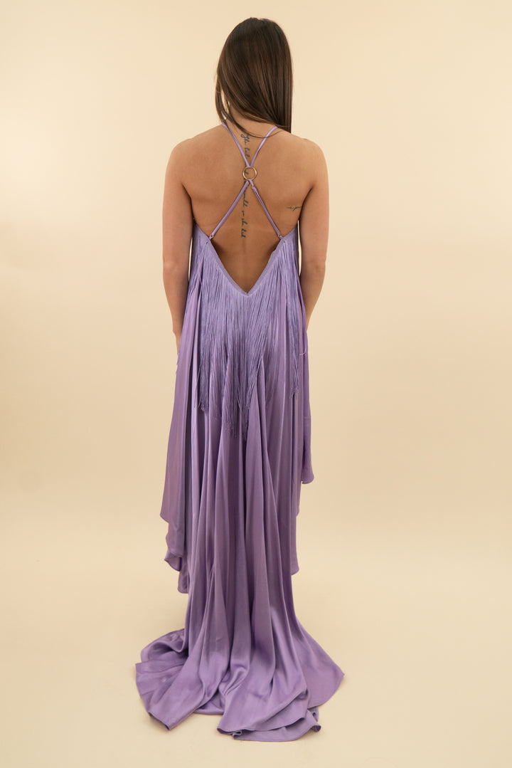 michael costello x revolve light purple fringe maxi dress (s; retail $288)