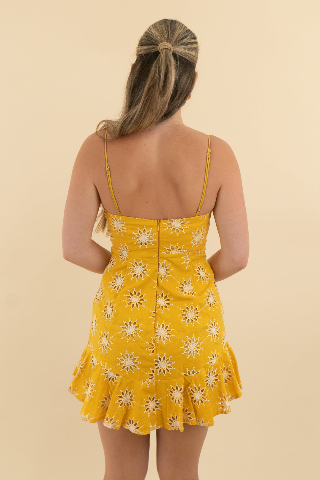 debbie dabbie golden yellow eyelet mini dress (8; retail $60)