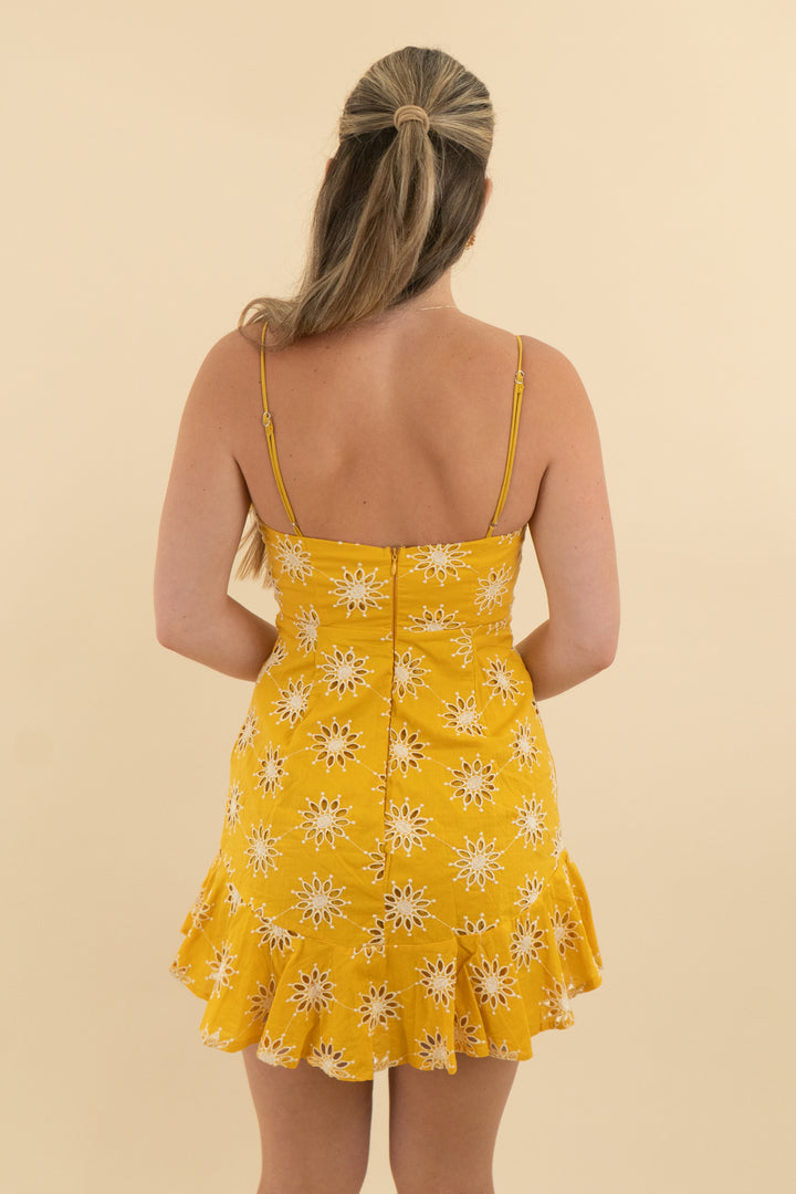 debbie dabbie golden yellow eyelet mini dress (8; retail $60)