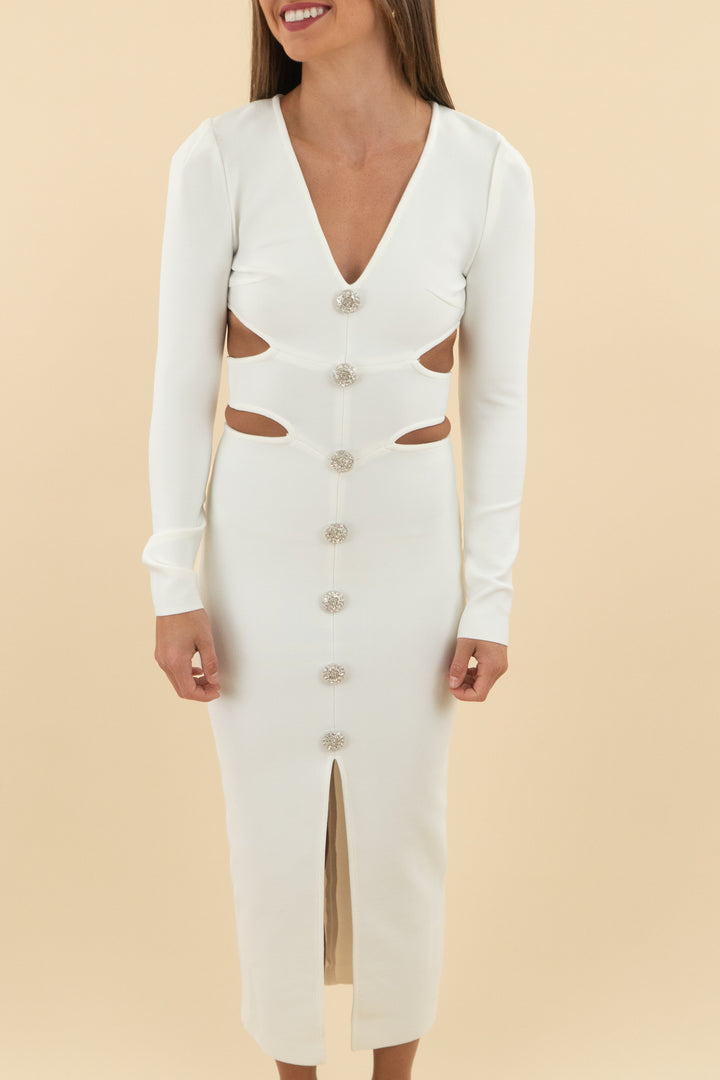 white knit long sleeve cut out dress with rhinestone buttons (s; retail $45)