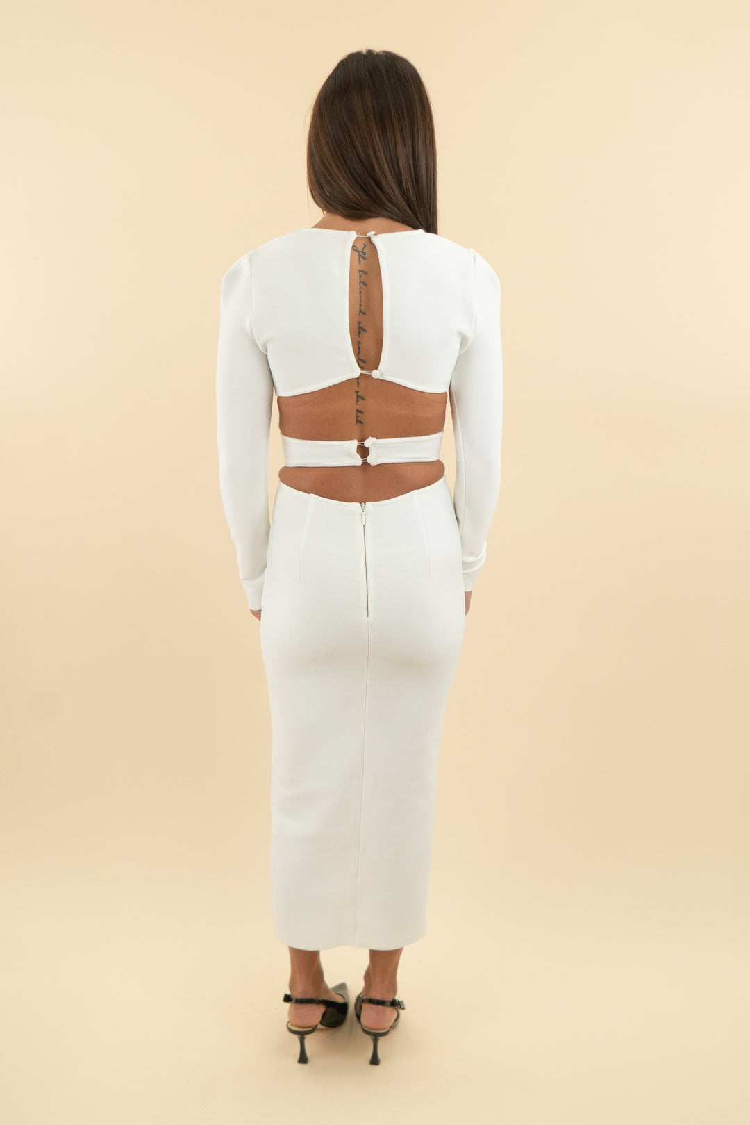 white knit long sleeve cut out dress with rhinestone buttons (s; retail $45)