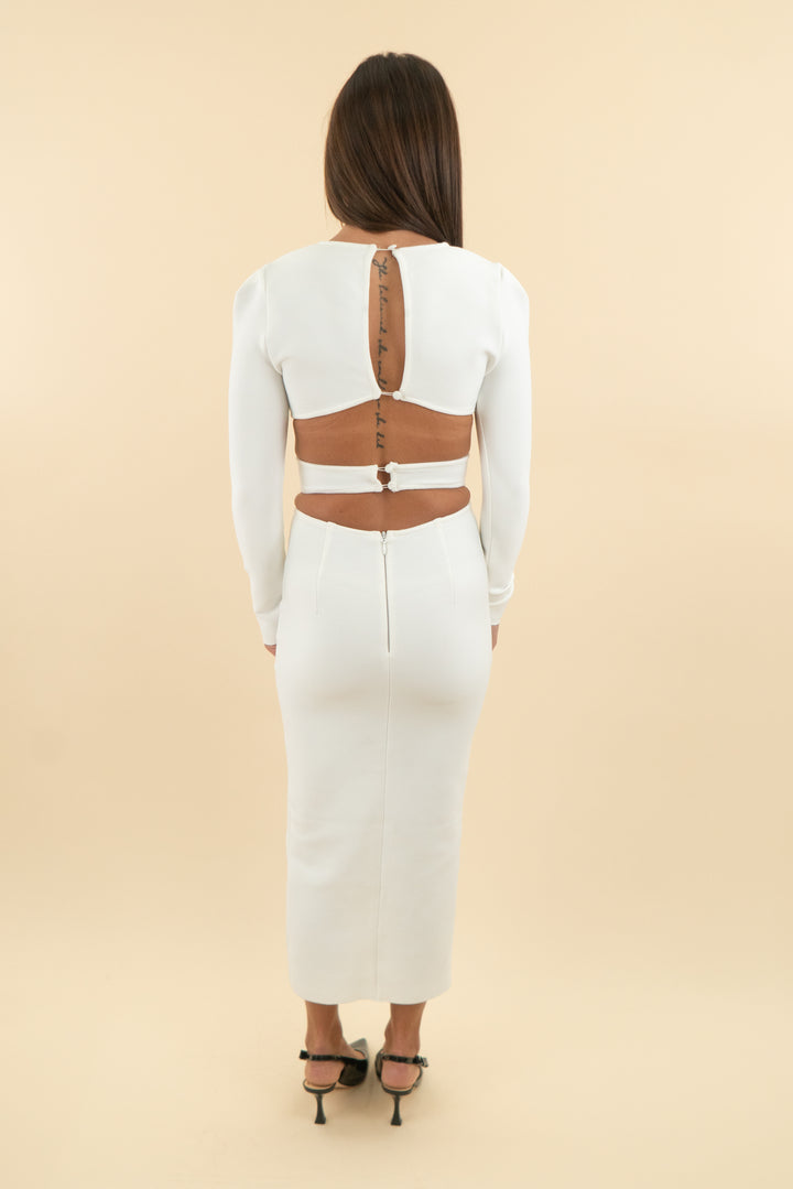 white knit long sleeve cut out dress with rhinestone buttons (s; retail $45)