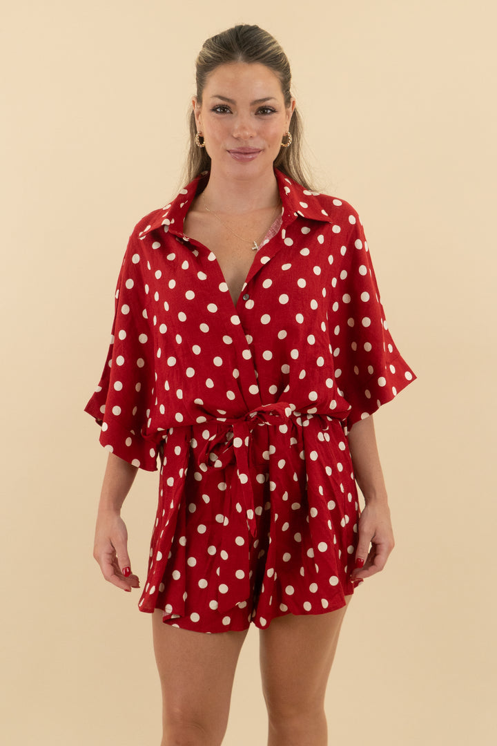 20. vici red polka dot belted short sleeve romper (s; retail $48)