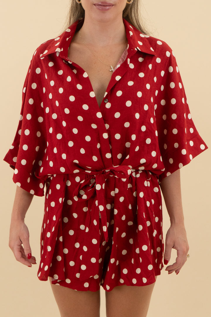 20. vici red polka dot belted short sleeve romper (s; retail $48)