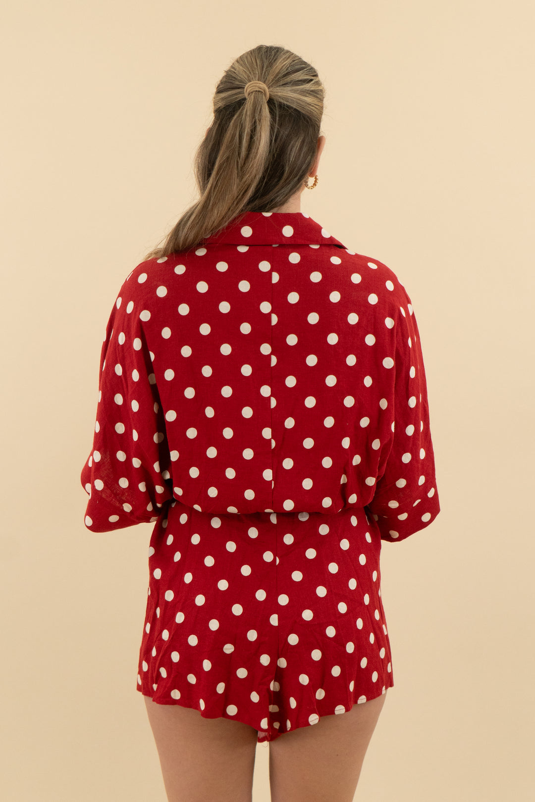20. vici red polka dot belted short sleeve romper (s; retail $48)