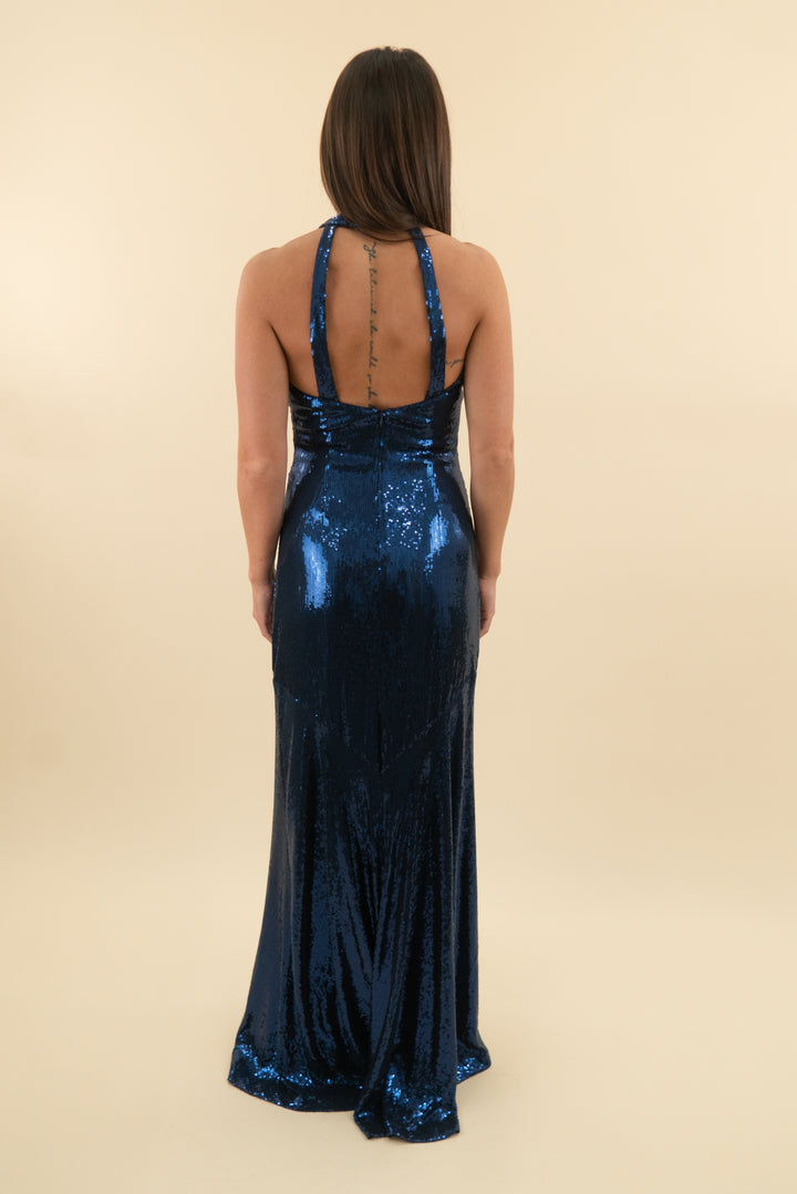 nicole miller navy blue sequin maxi dress nwt (0, retail $795)