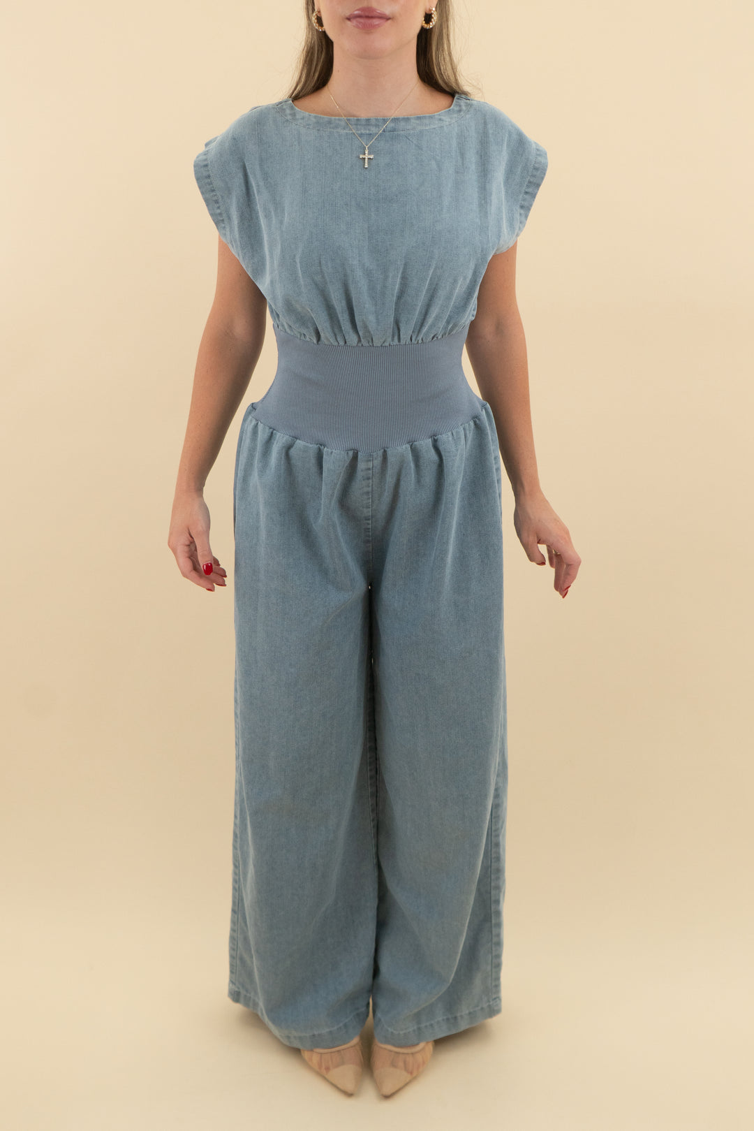 46. vici chambray denim jumpsuit (s; retail $80)