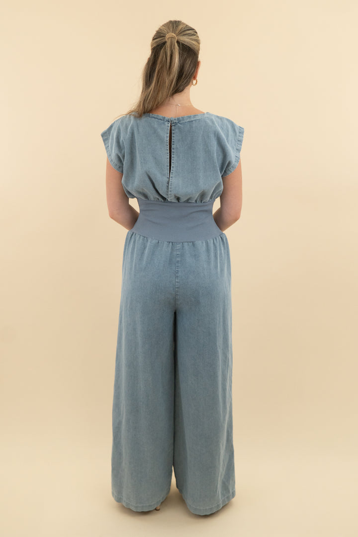46. vici chambray denim jumpsuit (s; retail $80)