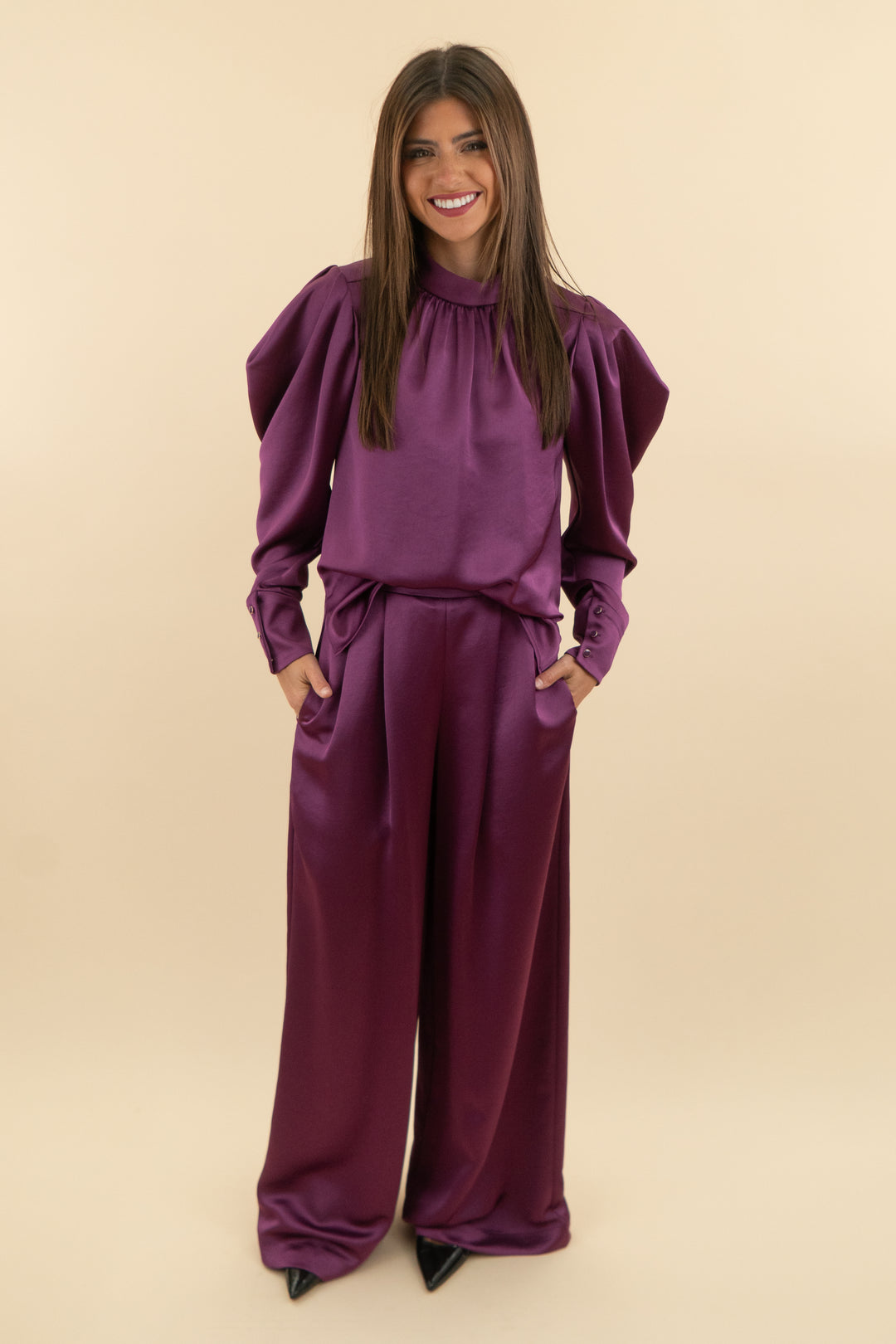 bcbg max azria purple satin pant & top set nwt (xs; retail $228)