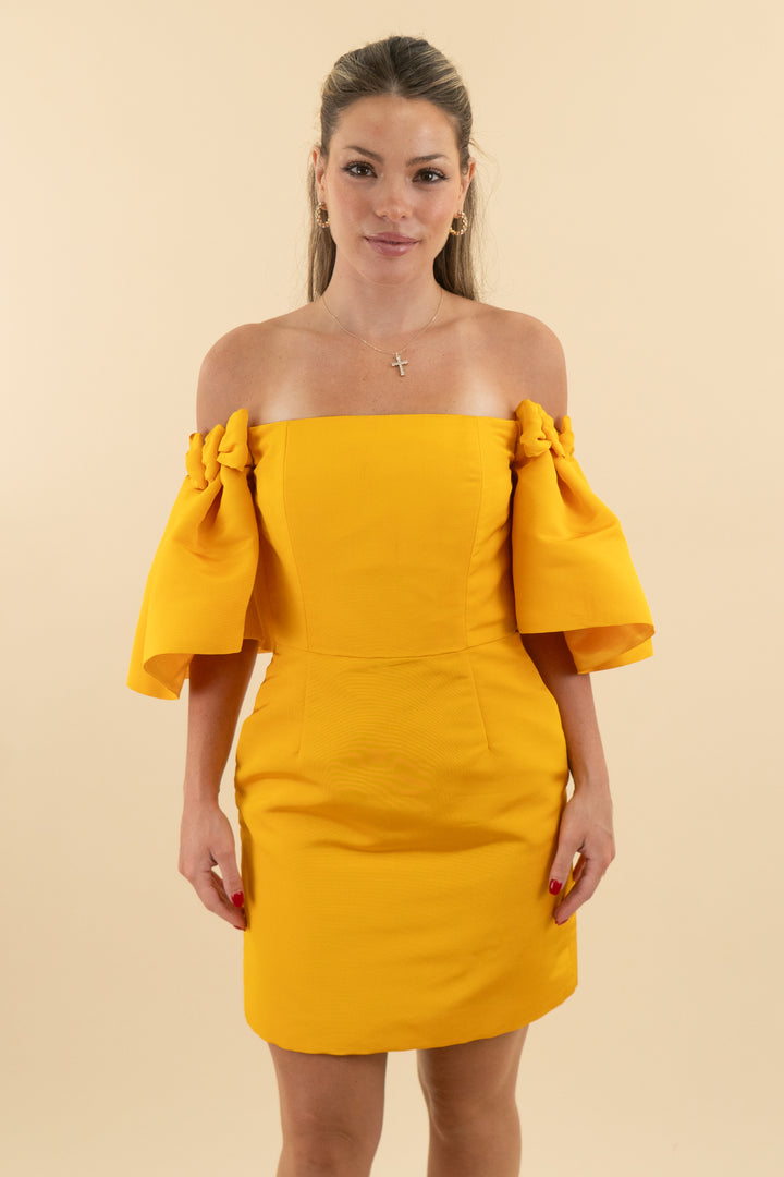 alexia maria marigold off the shoulder ruffle sleeve mini dress nwt (6; retail $1050)
