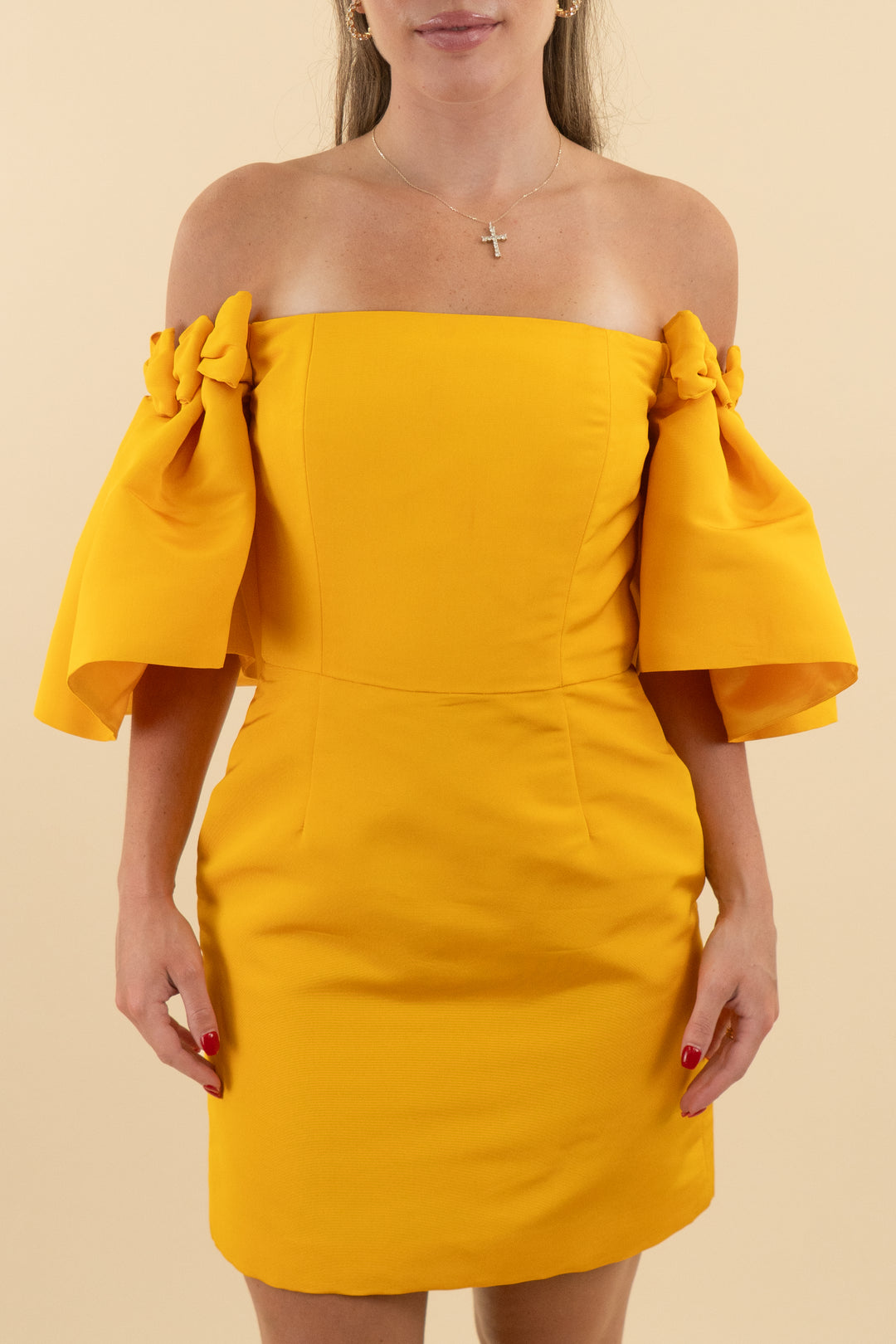 alexia maria marigold off the shoulder ruffle sleeve mini dress nwt (6; retail $1050)