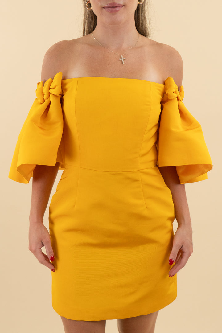 alexia maria marigold off the shoulder ruffle sleeve mini dress nwt (6; retail $1050)
