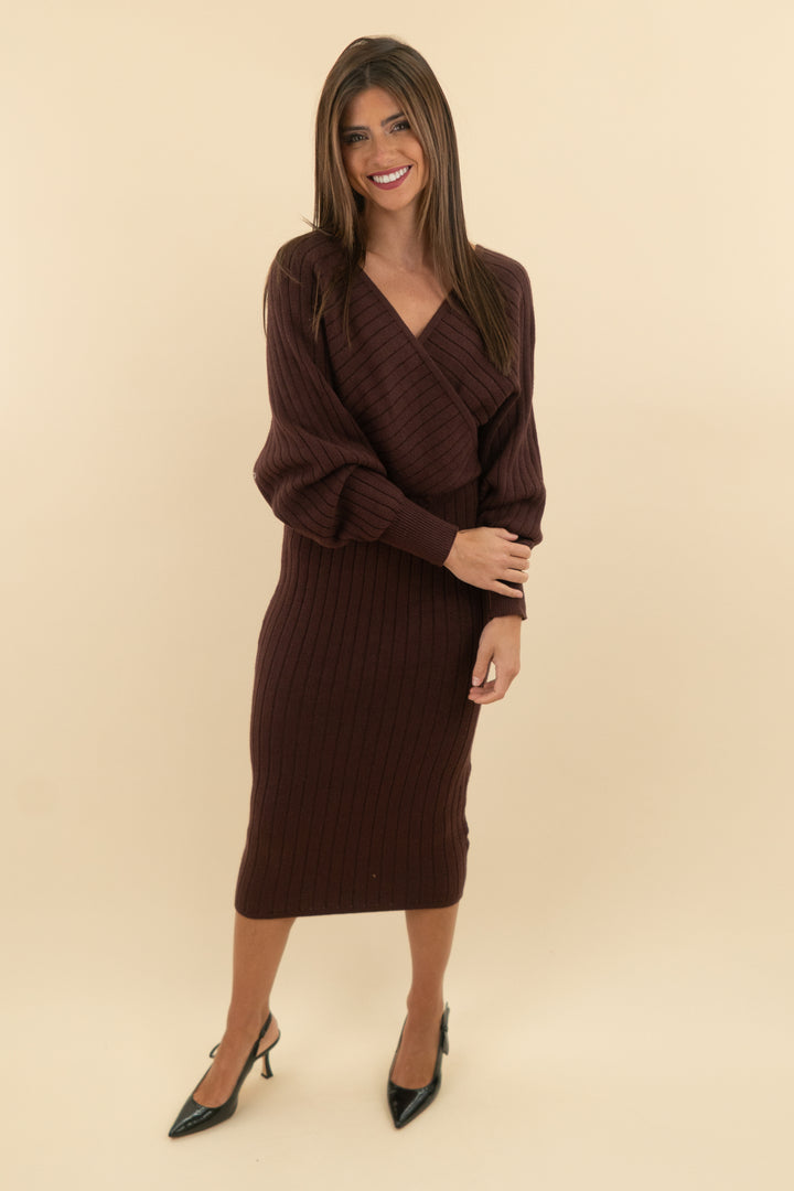 vici brown long sleeve open back knit dress (s; retail $78)