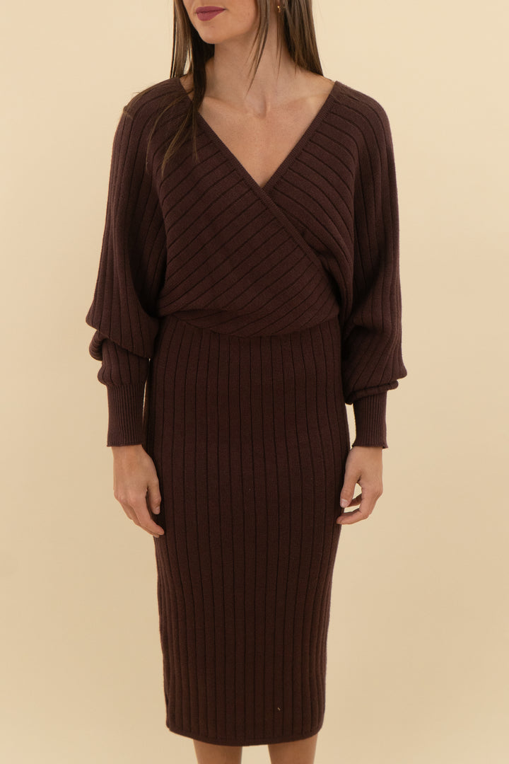 vici brown long sleeve open back knit dress (s; retail $78)