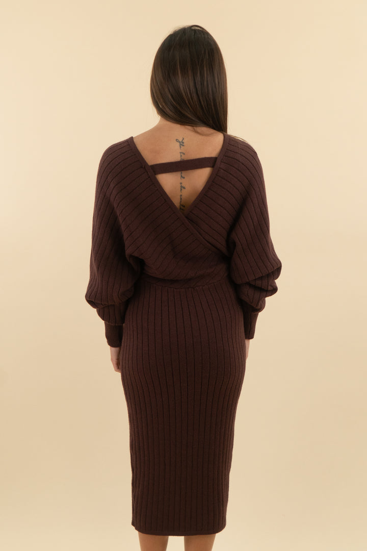 vici brown long sleeve open back knit dress (s; retail $78)
