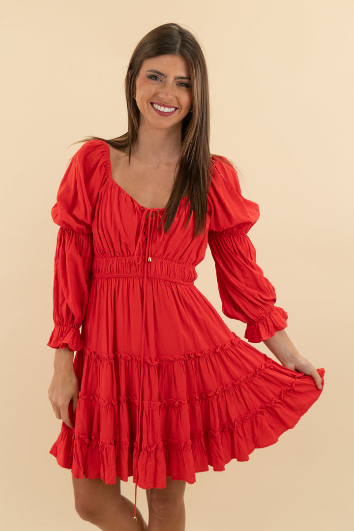 Pink Lily Red Long Sleeve Ruffle Tier Mini Dress (s; retail $89)