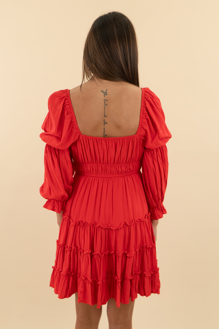 Pink Lily Red Long Sleeve Ruffle Tier Mini Dress (s; retail $89)