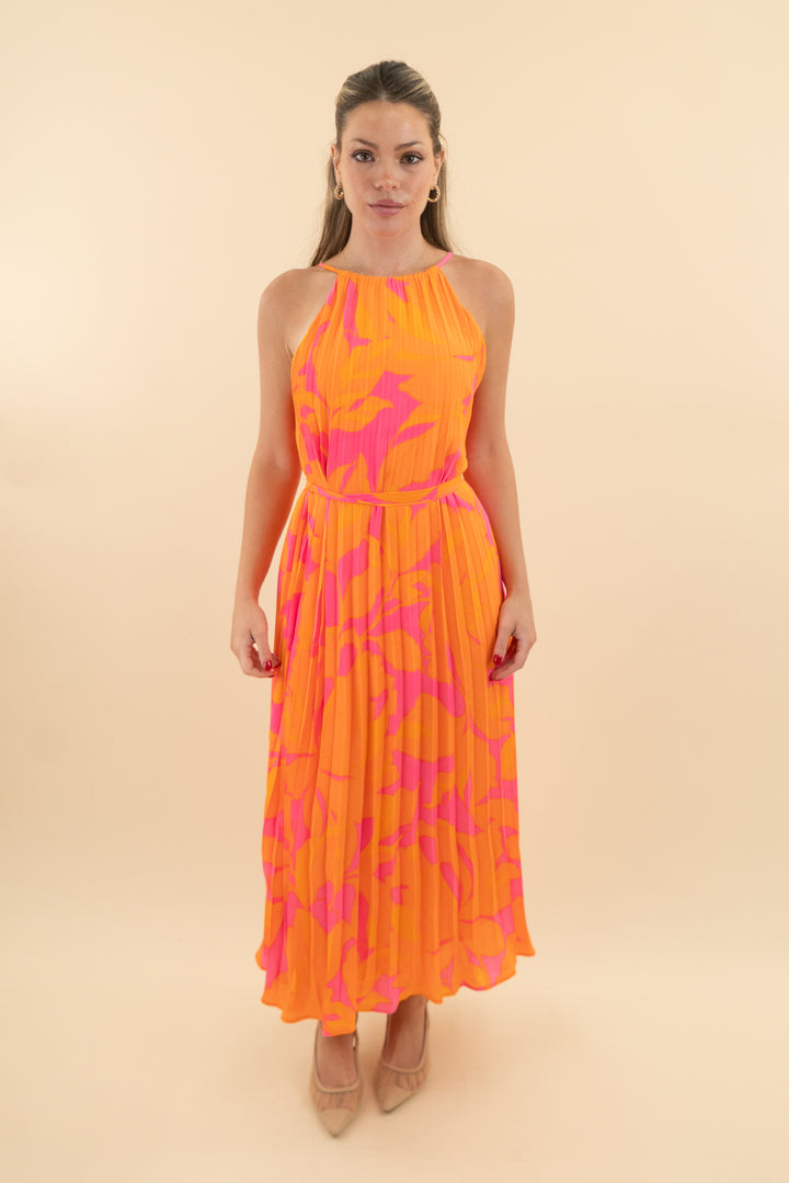 82. Sugar Lips Orange & Pink Pleated Maxi Dress (xs; retail $99)