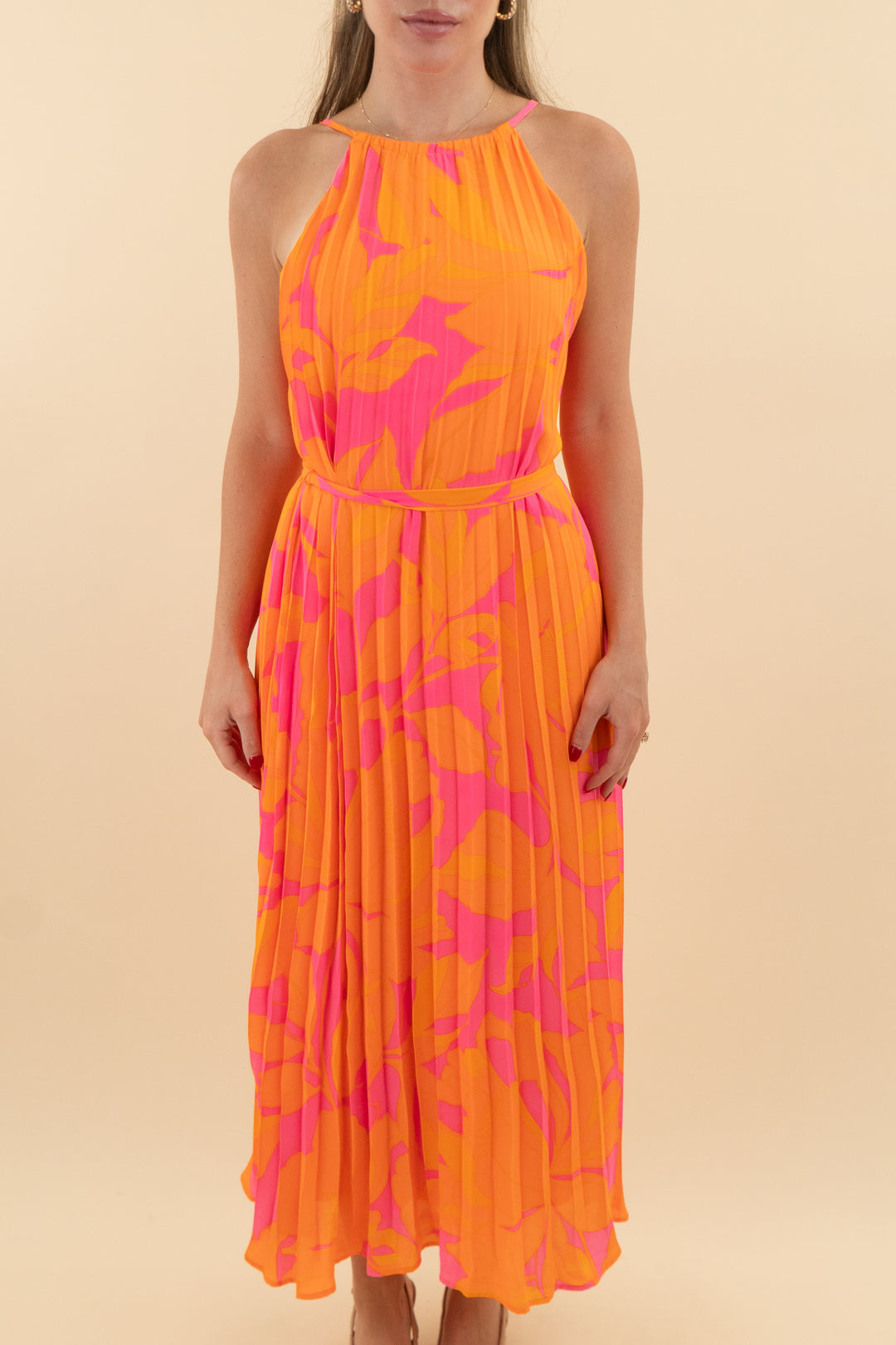82. Sugar Lips Orange & Pink Pleated Maxi Dress (xs; retail $99)