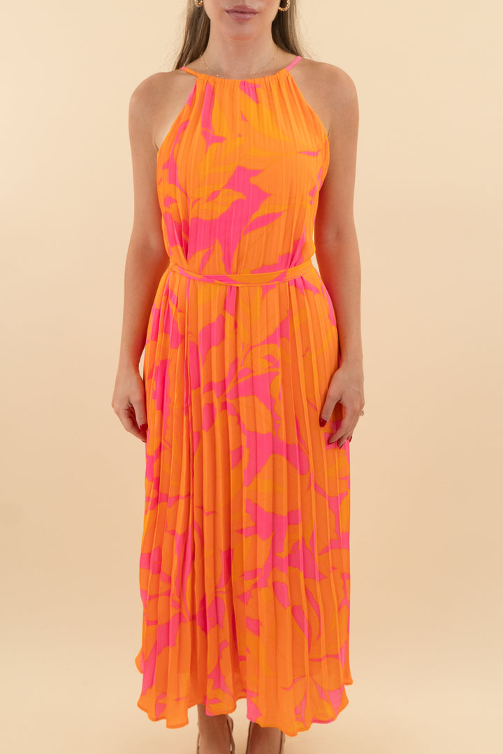 82. Sugar Lips Orange & Pink Pleated Maxi Dress (xs; retail $99)