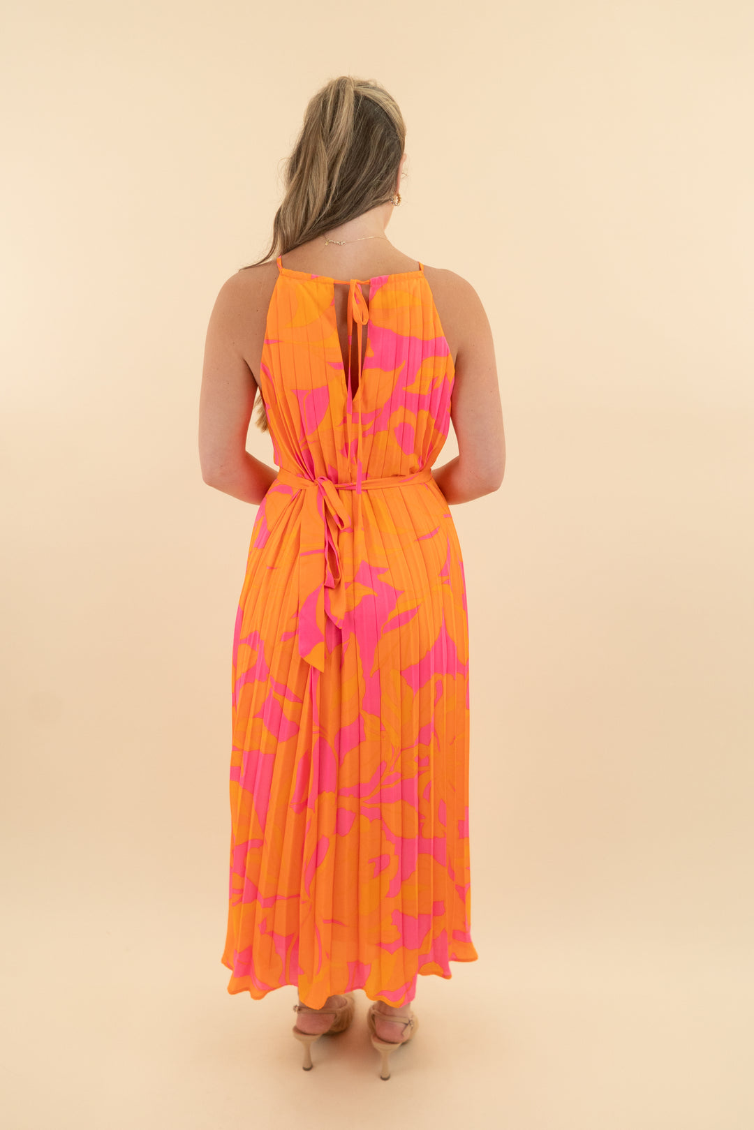82. Sugar Lips Orange & Pink Pleated Maxi Dress (xs; retail $99)
