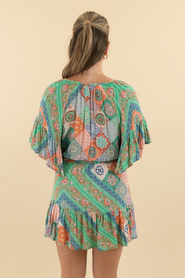 Skylar + Madison Green Patterned Mini Dress (m; retail $65)