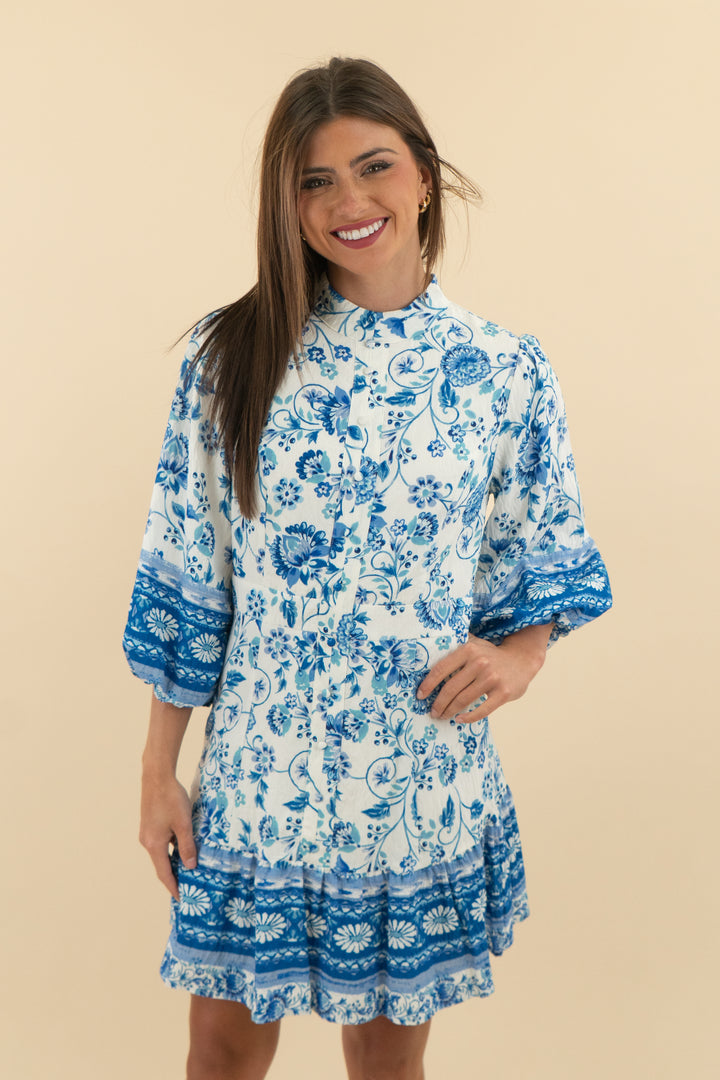 Avara Blue Floral Puff Sleeve Mini Dress (s; retail $98)