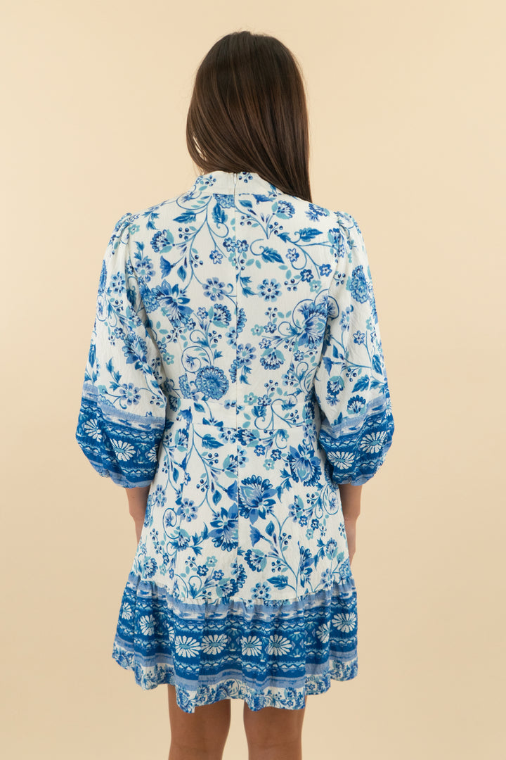 Avara Blue Floral Puff Sleeve Mini Dress (s; retail $98)