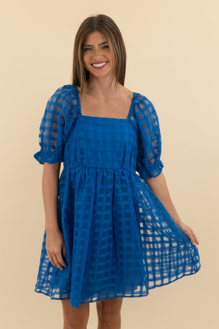 45. JODIFL Blue Tulle Puff Sleeve Checkered Mini Dress (s; retail $58)