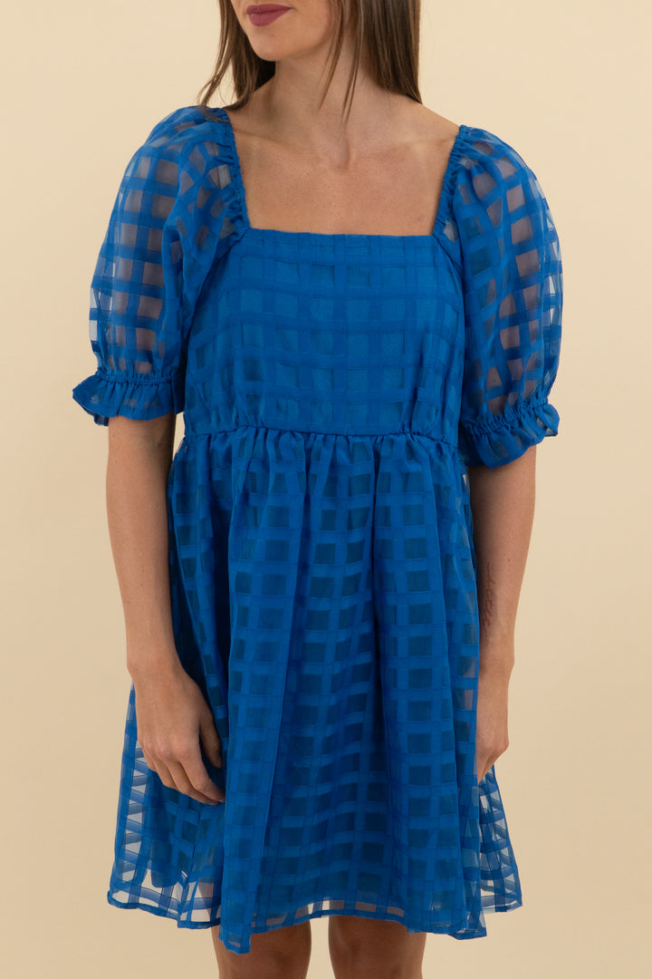 45. JODIFL Blue Tulle Puff Sleeve Checkered Mini Dress (s; retail $58)