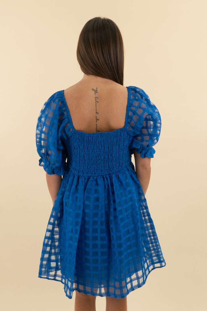 45. JODIFL Blue Tulle Puff Sleeve Checkered Mini Dress (s; retail $58)