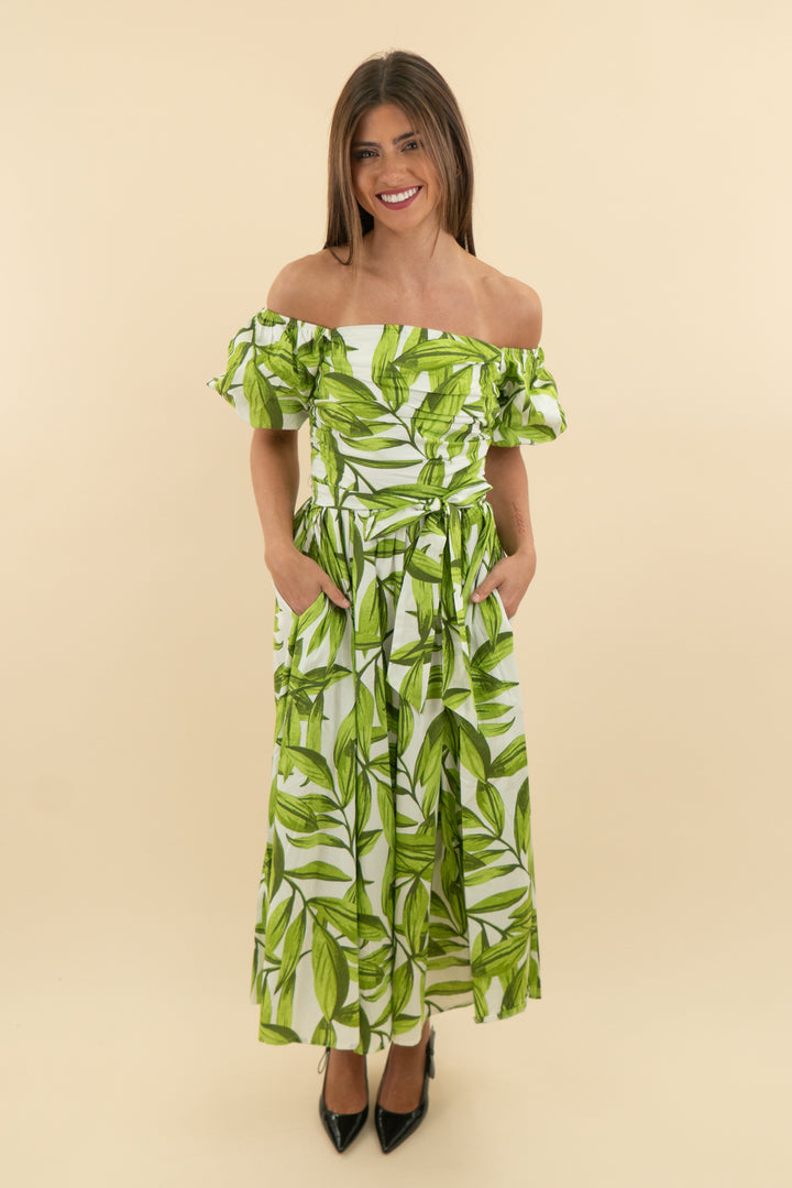 Flying Tomato White & Green Leaf Midi Dress (s; retail $84)