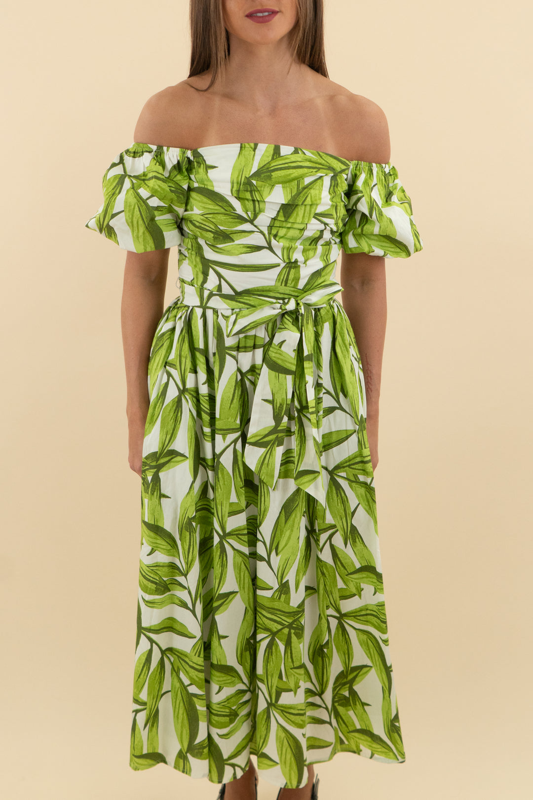 Flying Tomato White & Green Leaf Midi Dress (s; retail $84)