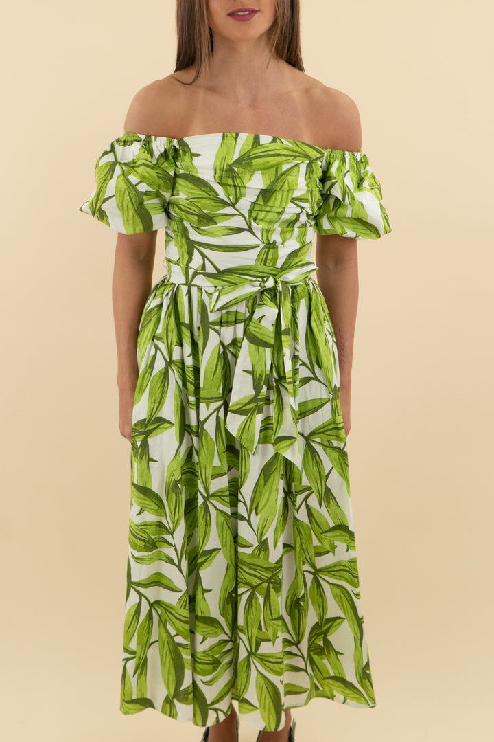 Flying Tomato White & Green Leaf Midi Dress (s; retail $84)