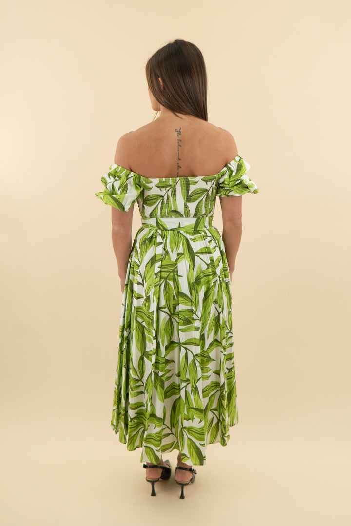 Flying Tomato White & Green Leaf Midi Dress (s; retail $84)