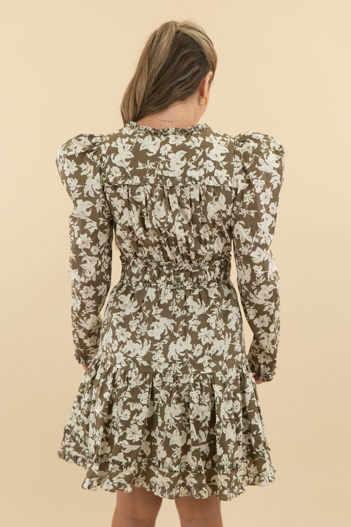 Avara Green Floral Ruffle Long Sleeve Mini Dress (s; retail $90)