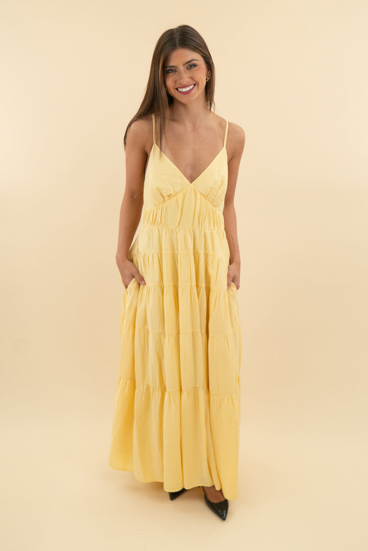 Abercrombie & Fitch Yellow Tiered Halter Maxi (m; retail $120)