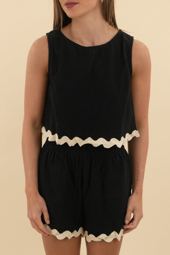 Black and Cream Ruffle Hem Top & Short Set (s; retail $59)