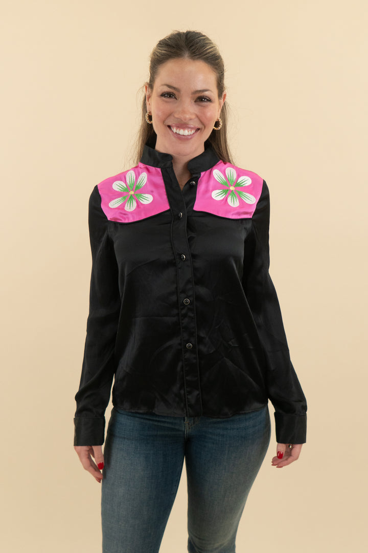 cynthia rowley black satin floral embroidered top (s)