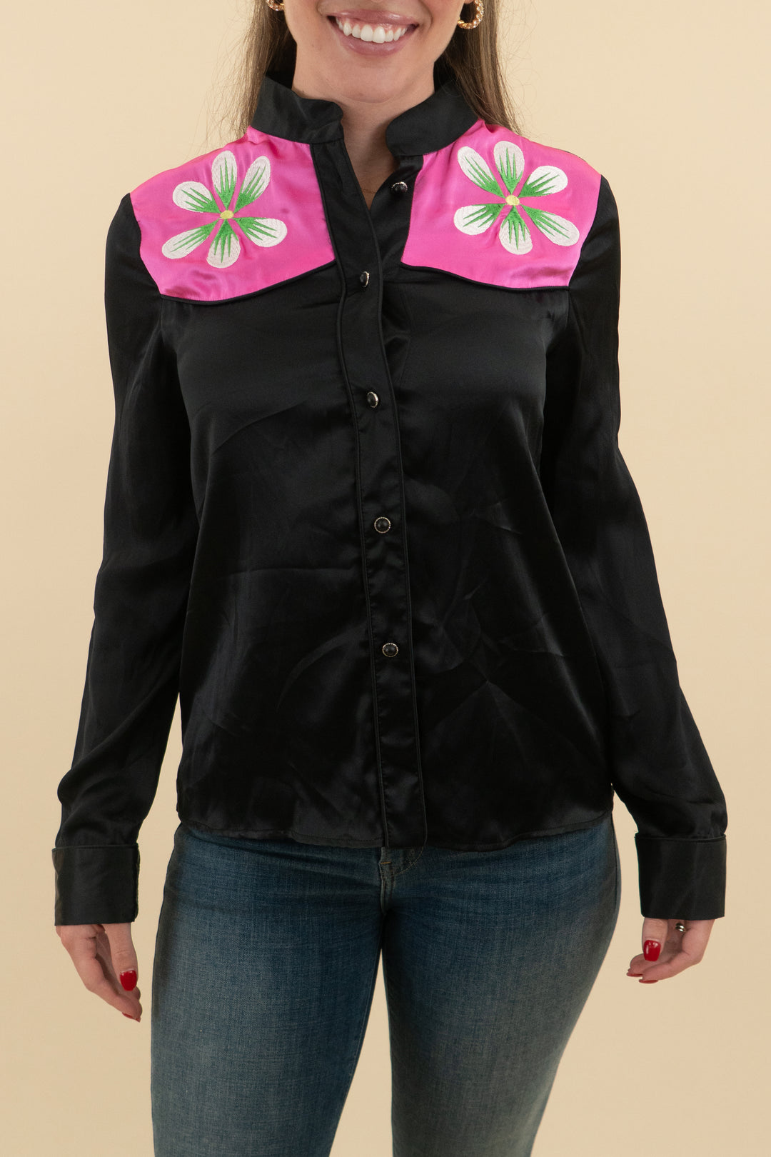 cynthia rowley black satin floral embroidered top (s)