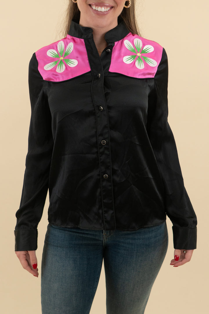 cynthia rowley black satin floral embroidered top (s)