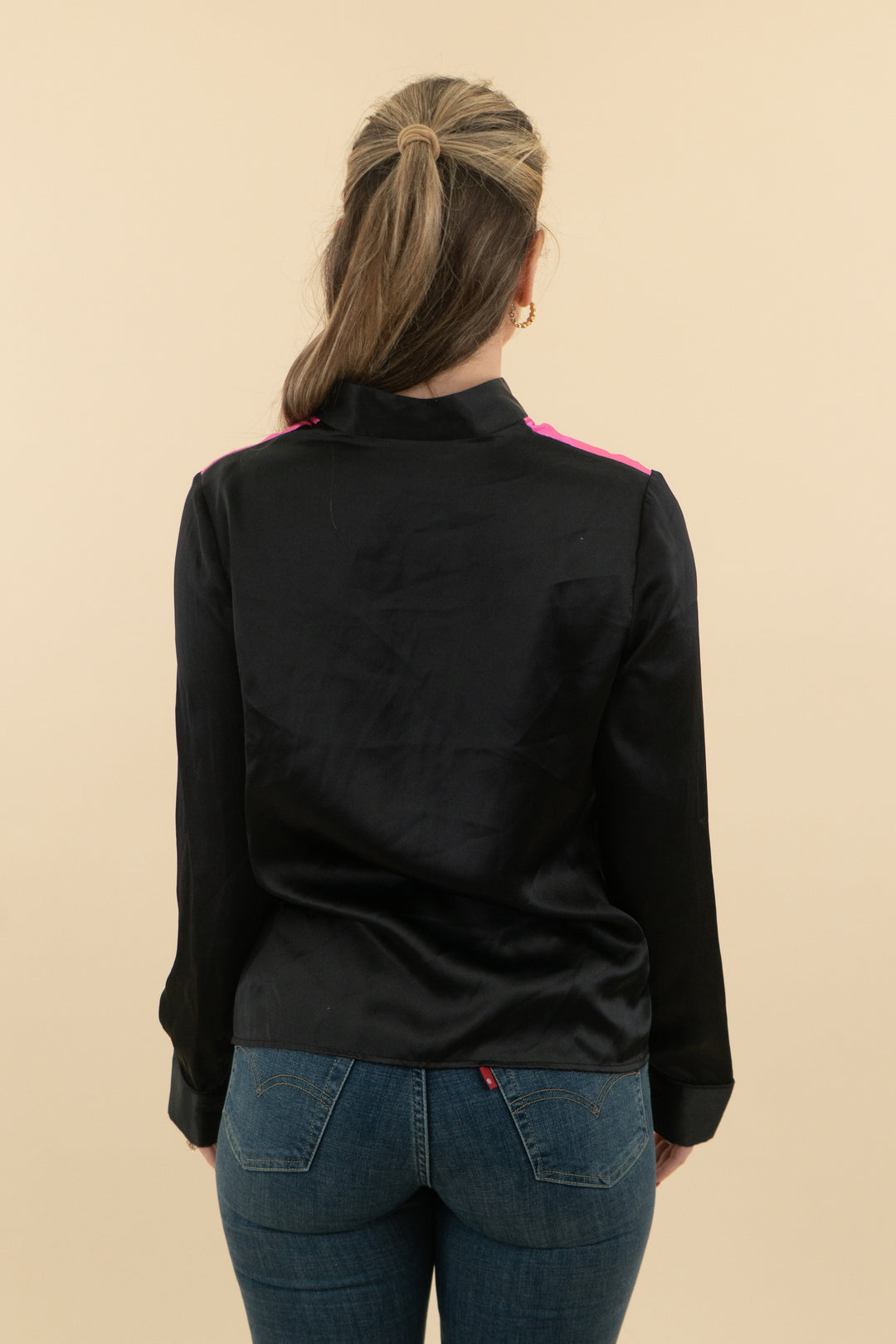 cynthia rowley black satin floral embroidered top (s)