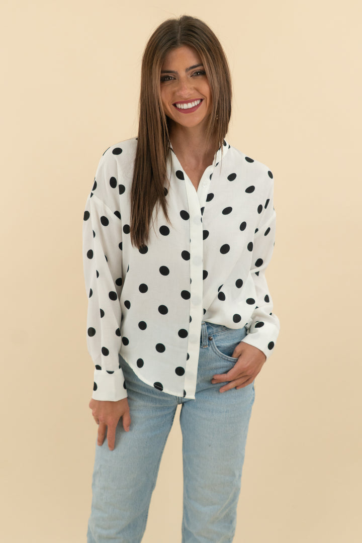 sophyline white polka dot button down nwt (m; retail $70)