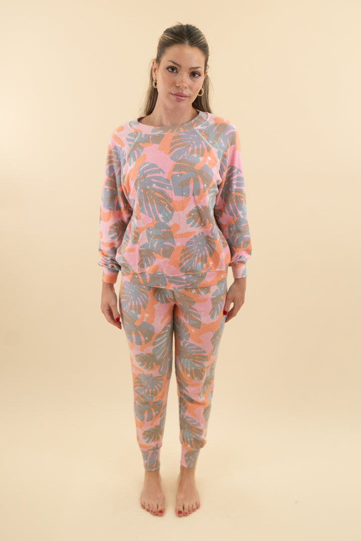 wildfox pink palm print sweatshirt and jogger set (xs/m; retail $188)