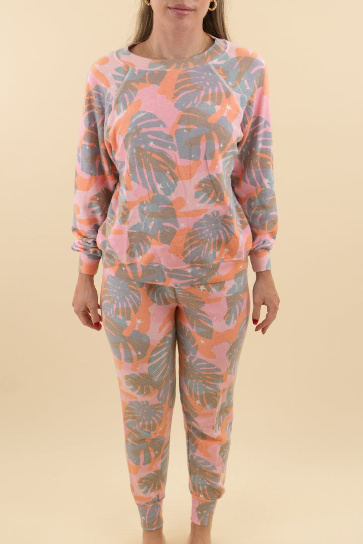 wildfox pink palm print sweatshirt and jogger set (xs/m; retail $188)